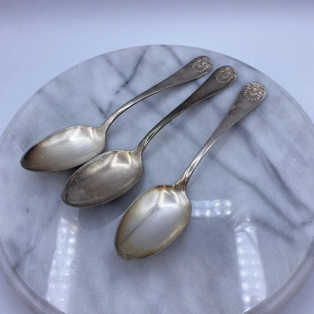 Towle Serving Spoons Silver Good 1889 Patent Shell Set of 3 Antique Farmhouse